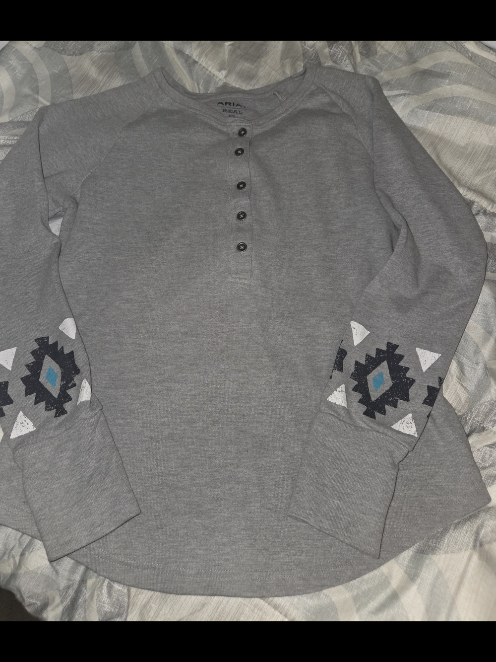 Ariat Gray Henley Top with Navy Print